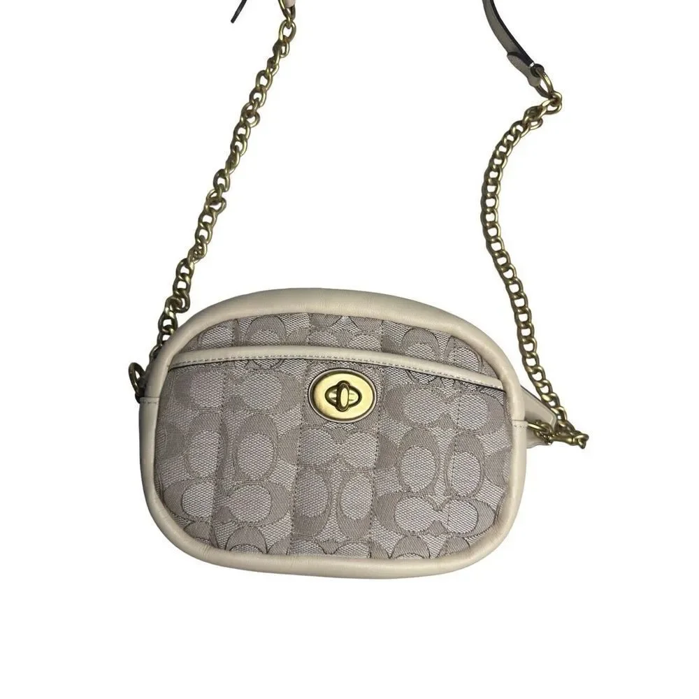 Coach Signature Chain Leather Jacquard Quilt Print Crossbody Bag Stone Ivory